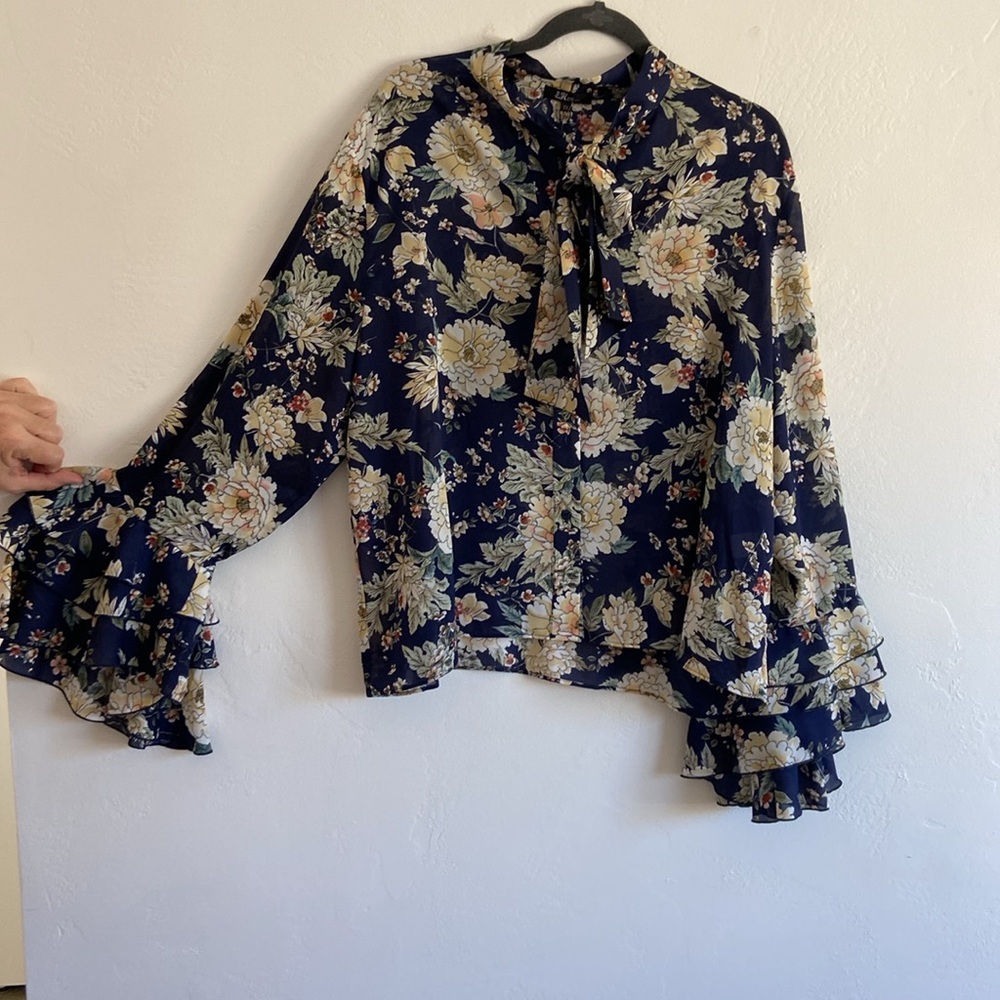 Floral Blouse with Ruffled Bell Sleeves